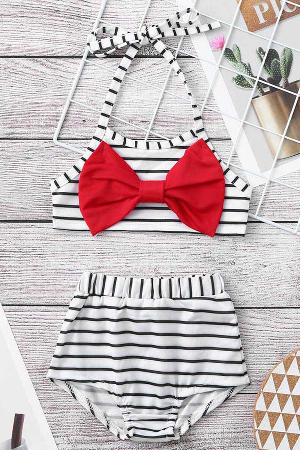 Toddler Girls Strap Neck Striped Pattern Bow Attached Cute Swimsuit