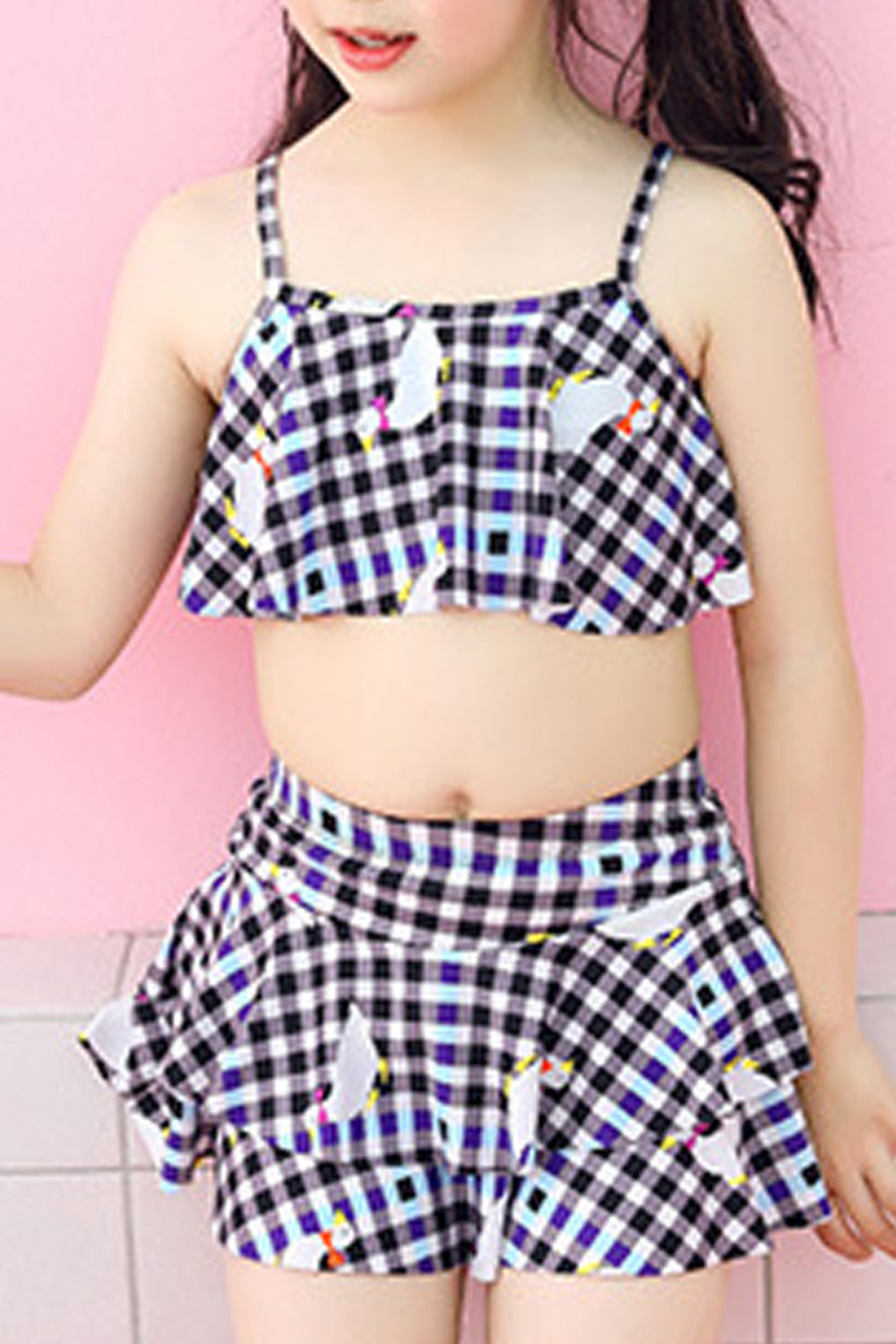 Baby Girls Plaid Pattern Cropped Top Two Piece Swimwear