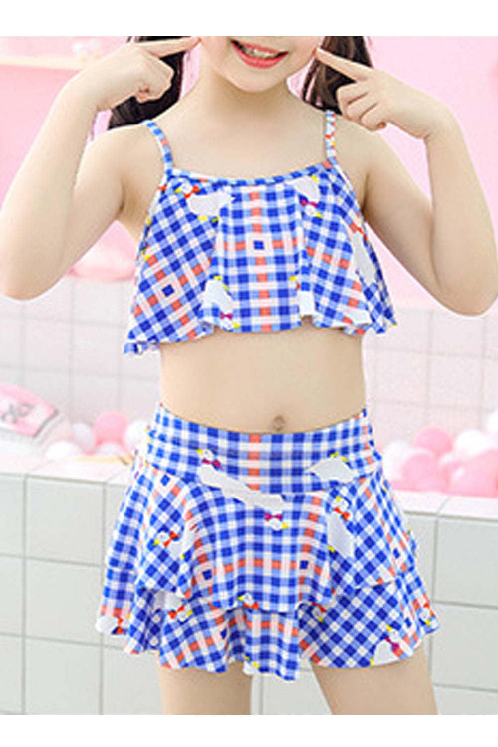 Baby Girls Plaid Pattern Cropped Top Two Piece Swimwear