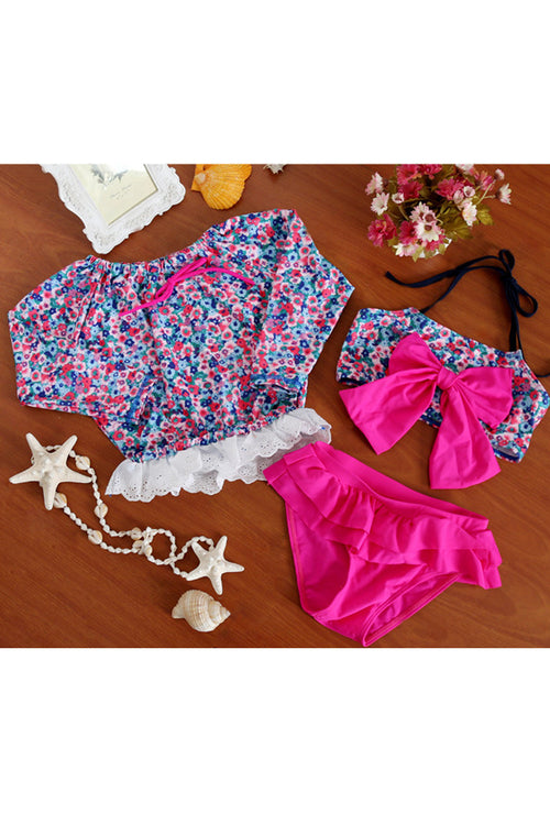 Baby Girls Ruffle Decorated Flower Printed Three Piece Swimwear