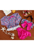Baby Girls Ruffle Decorated Flower Printed Three Piece Swimwear