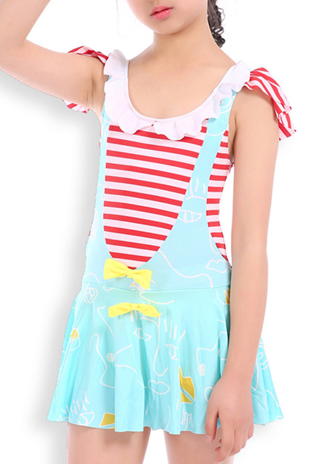 Baby Girls Round Neck Cartoon Stripes Summer One Piece Swimwear