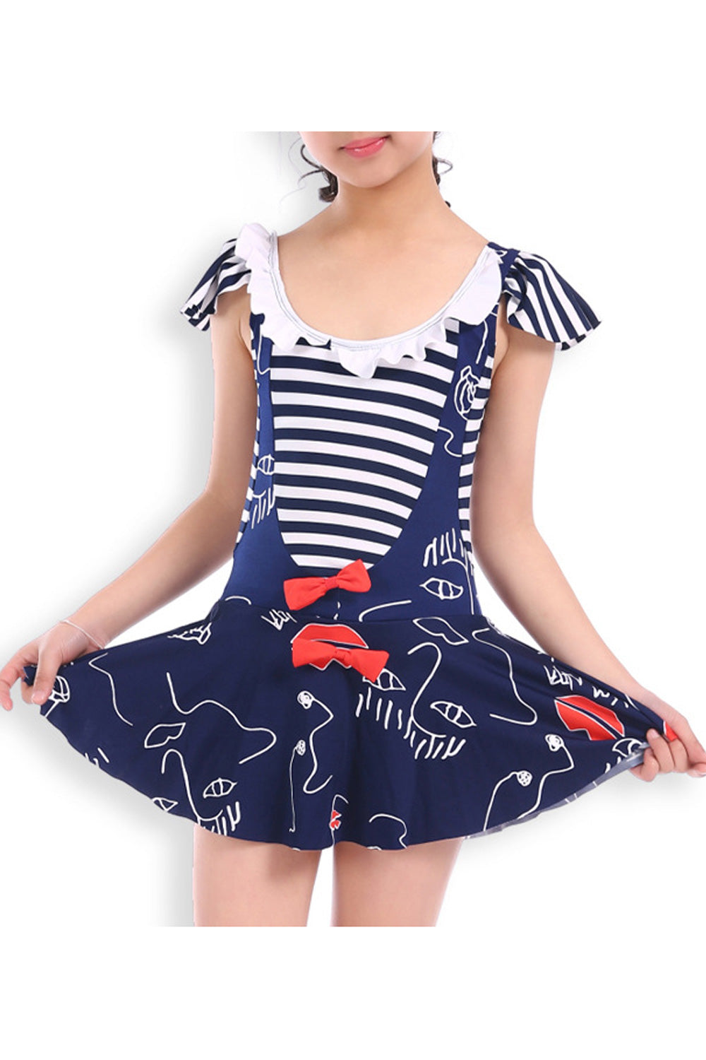 Baby Girls Round Neck Cartoon Stripes Summer One Piece Swimwear