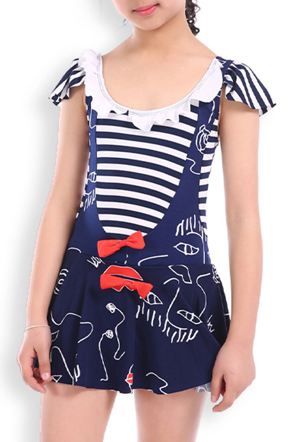 Baby Girls Round Neck Cartoon Stripes Summer One Piece Swimwear