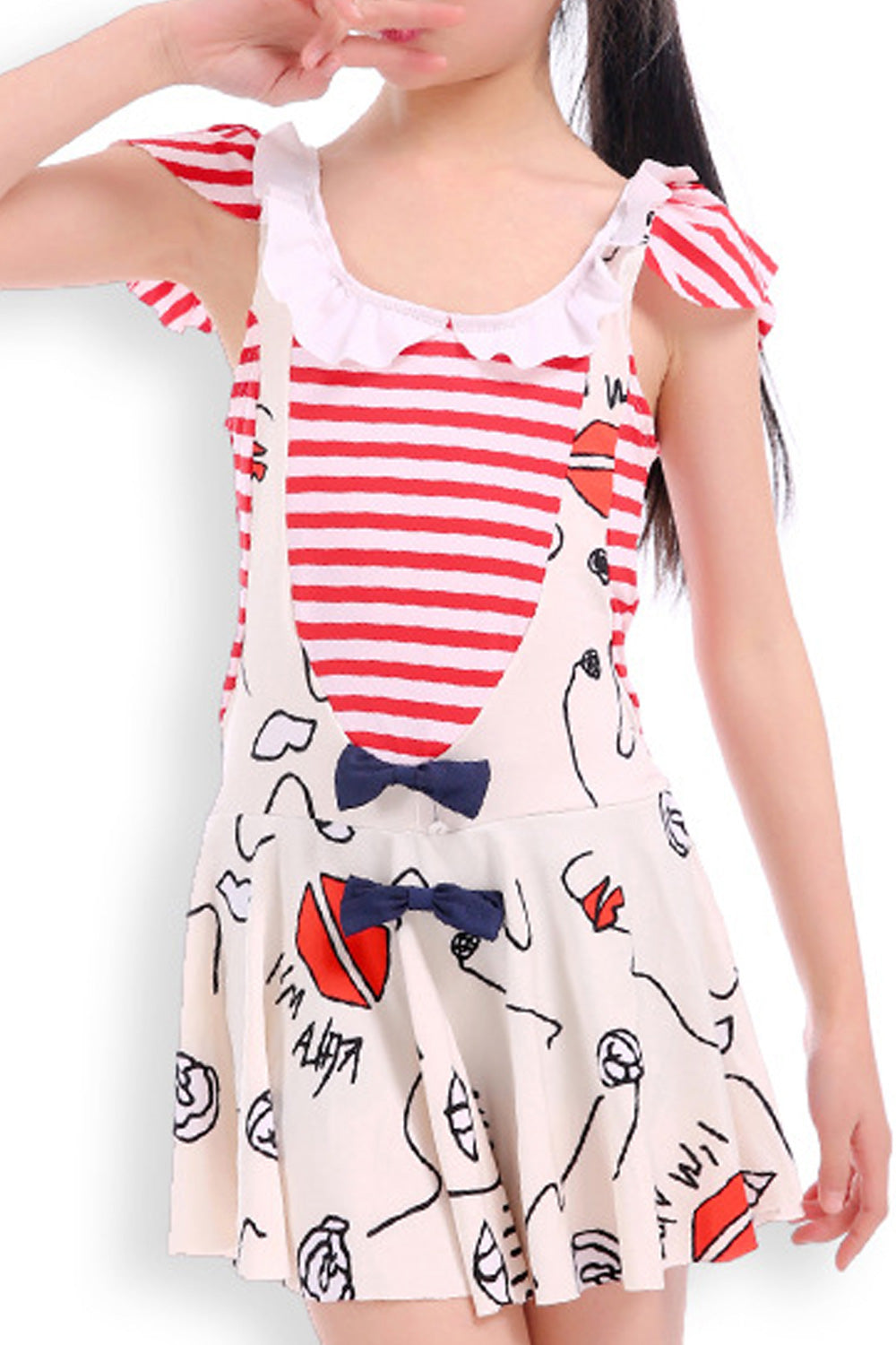 Baby Girls Round Neck Cartoon Stripes Summer One Piece Swimwear