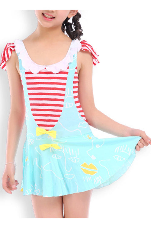 Baby Girls Round Neck Cartoon Stripes Summer One Piece Swimwear