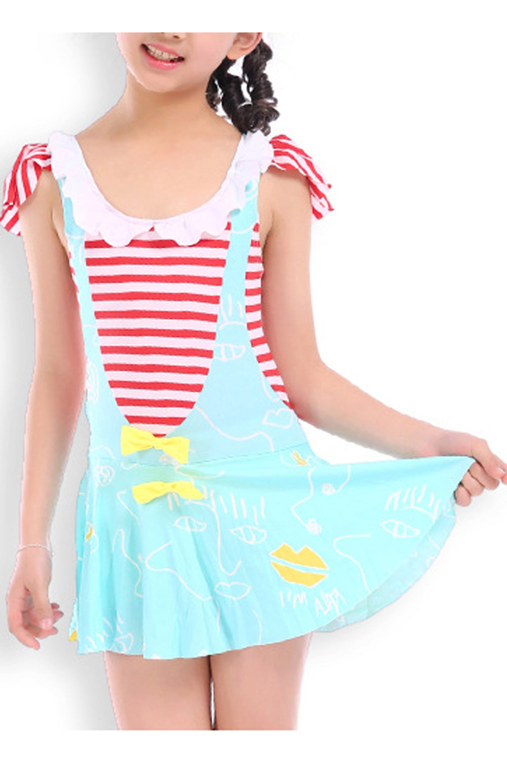 Baby Girls Round Neck Cartoon Stripes Summer One Piece Swimwear