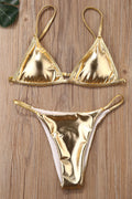Women Triangle Shape Shiny Material Two Piece Adjustable Strap SwimwearWomen Triangle Shape Shiny Material Two Piece Adjustable