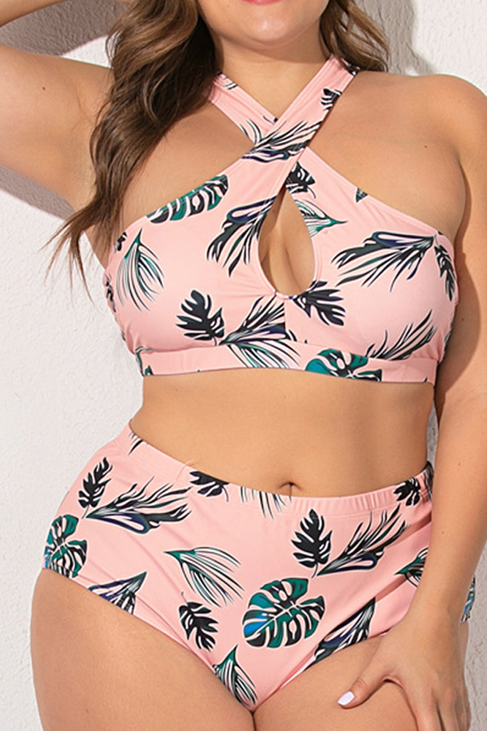 Women Leaf Printed Two Piece Stretchable Hang Neck Swimwear