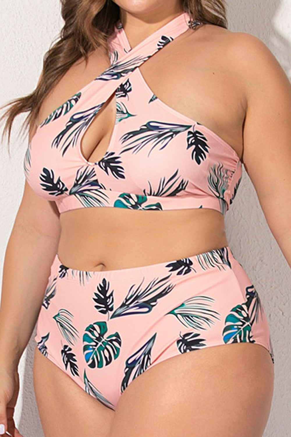 Women Leaf Printed Two Piece Stretchable Hang Neck Swimwear