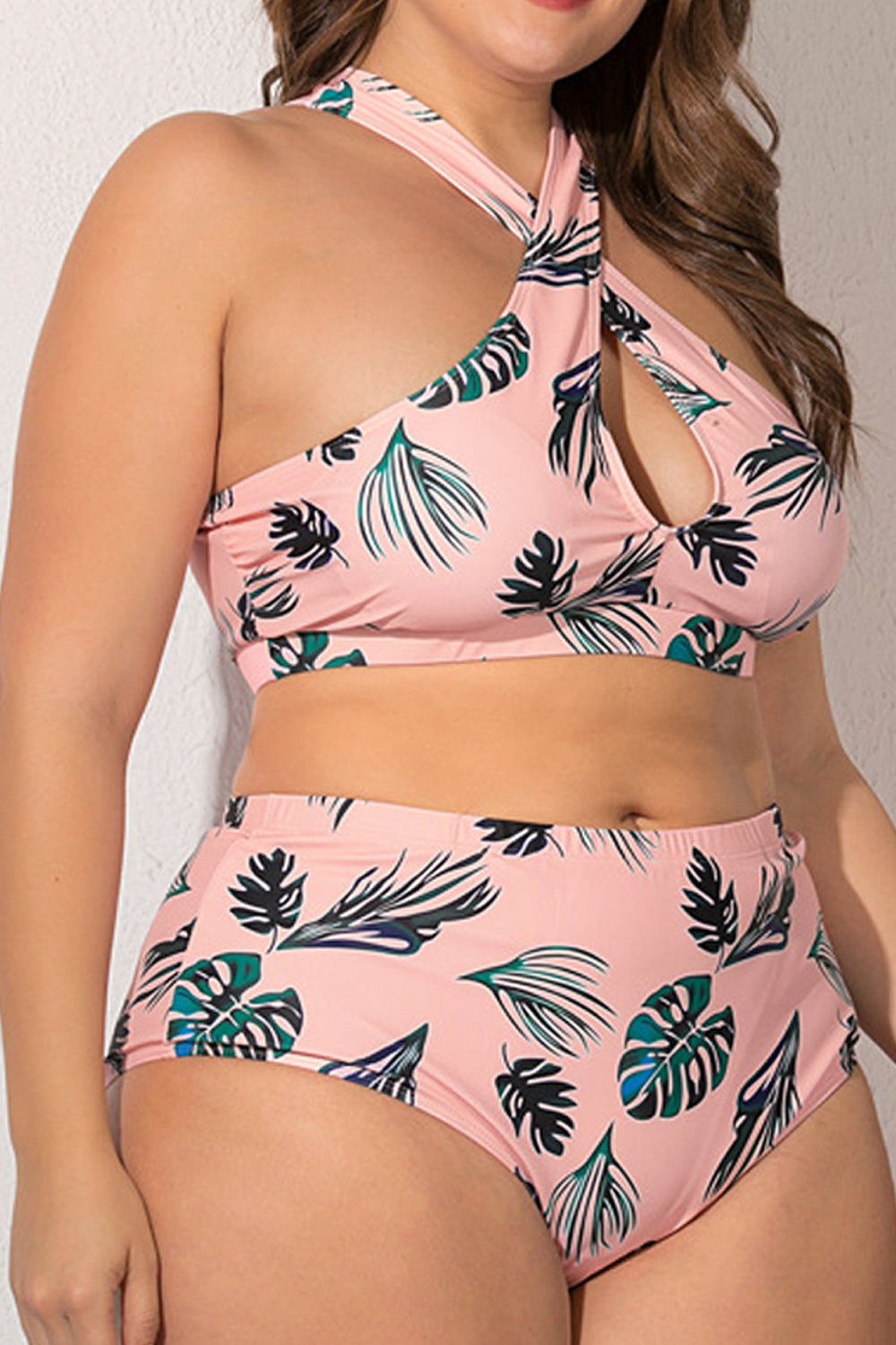 Women Leaf Printed Two Piece Stretchable Hang Neck Swimwear