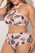 Women Leaf Printed Two Piece Stretchable Hang Neck Swimwear