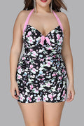 Women Hang Neck One Piece Flower Printed Slim Fit Swimwear