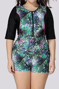Women Sunscreen Half Sleeve Zipper Closure Printed Style One Piece Slim Swimwear