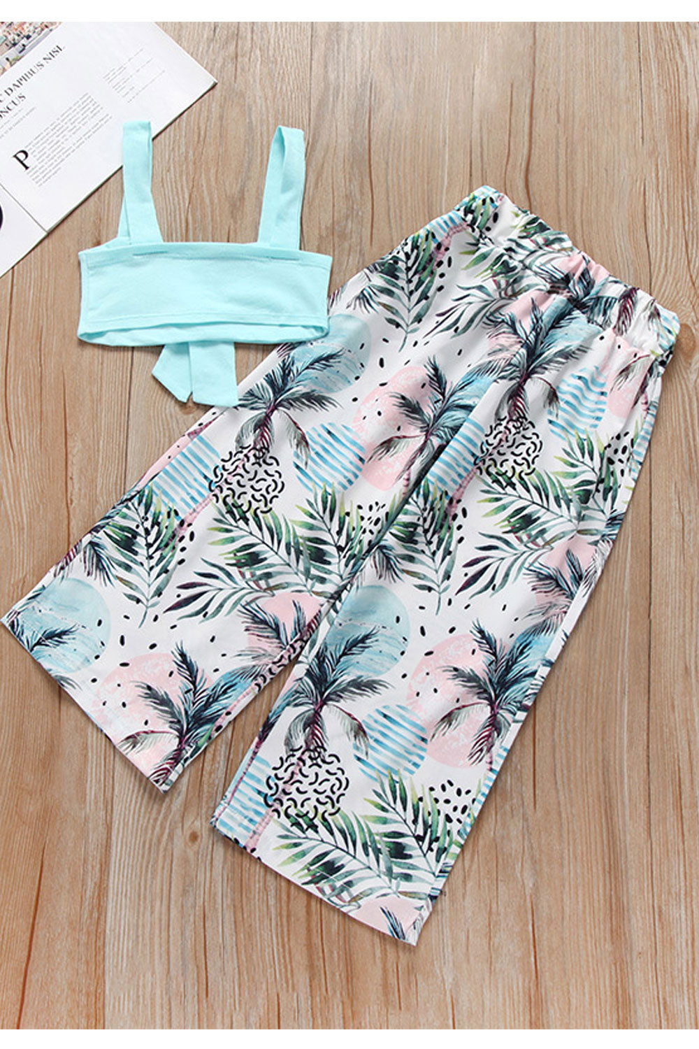 Baby Girls Solid Cropped Top Printed Bottom Swimwear Set