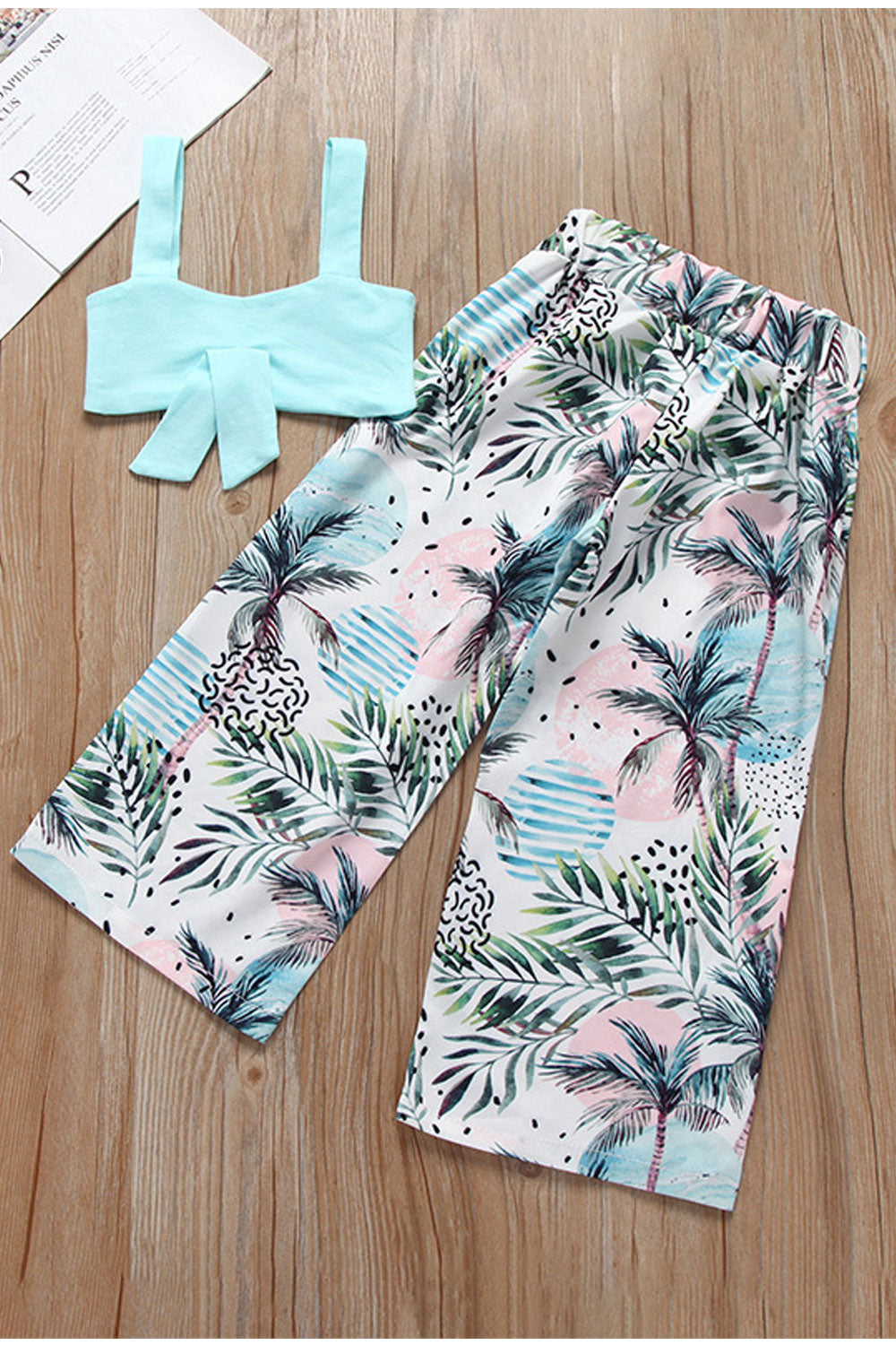 Baby Girls Solid Cropped Top Printed Bottom Swimwear Set