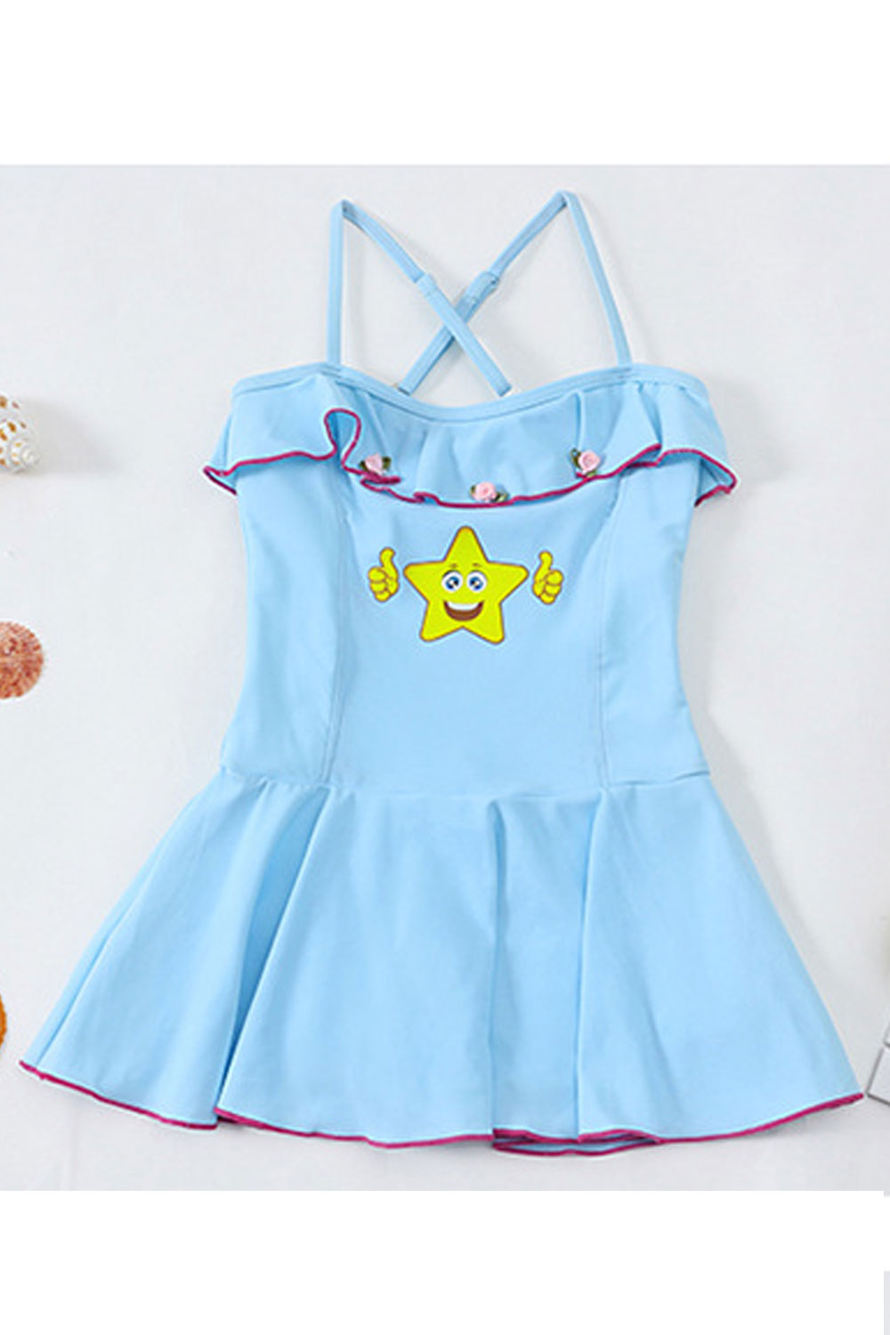 Toddler Girls Star Printed Strap Neck One Piece Skirt Styled Swimsuit