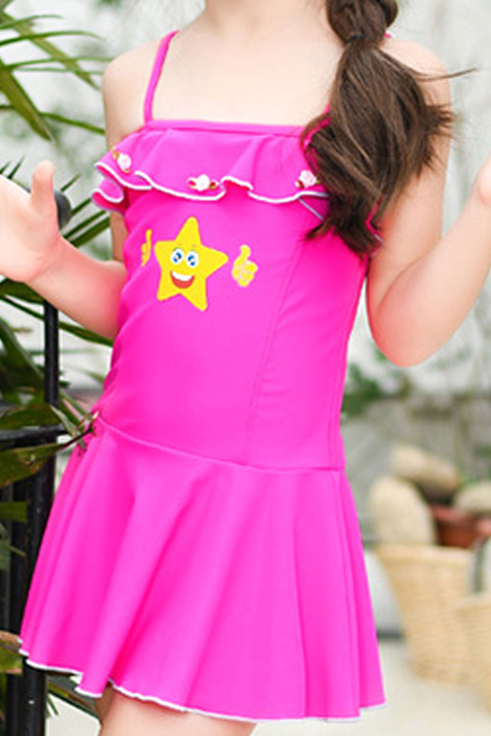 Toddler Girls Star Printed Strap Neck One Piece Skirt Styled Swimsuit