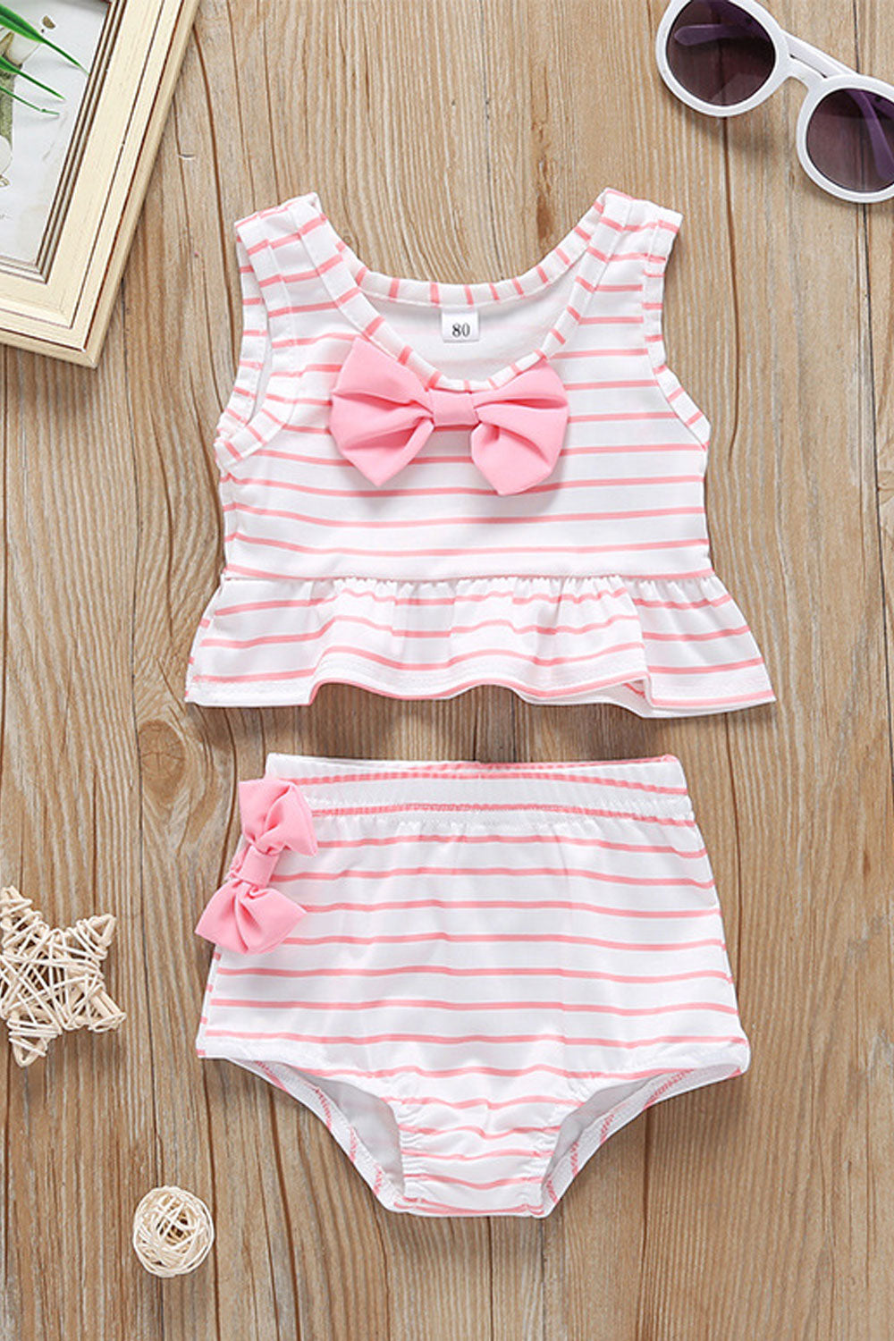 Baby Girls Bow Decorated Striped Elasticated Two Piece Swimwear