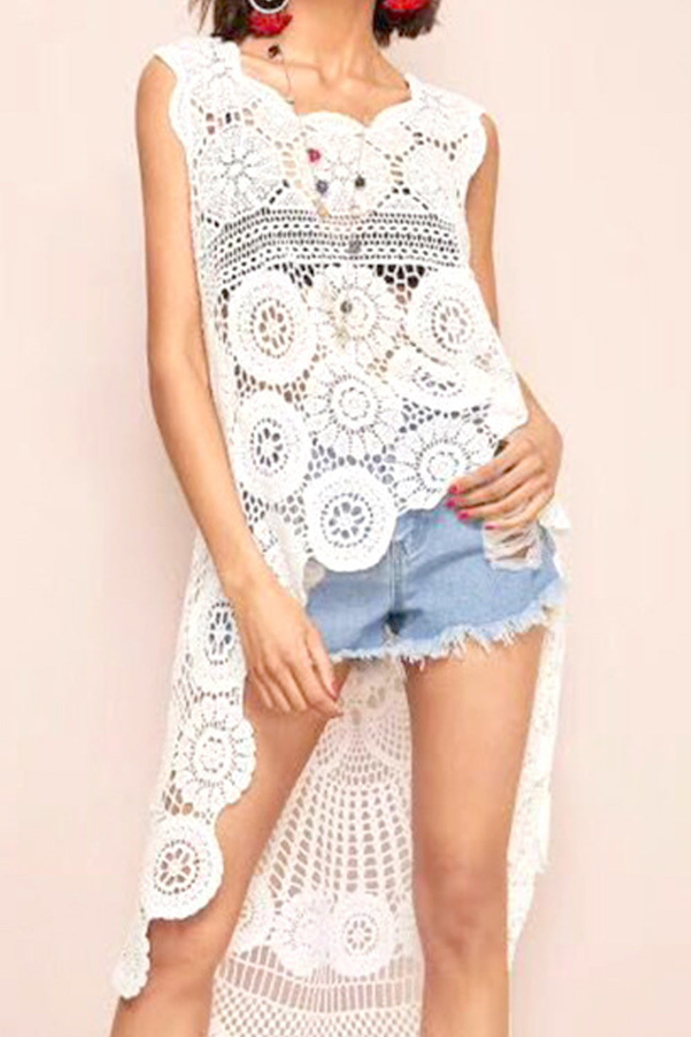 Women Flower Lace Sleeveless Beach Cover-Up