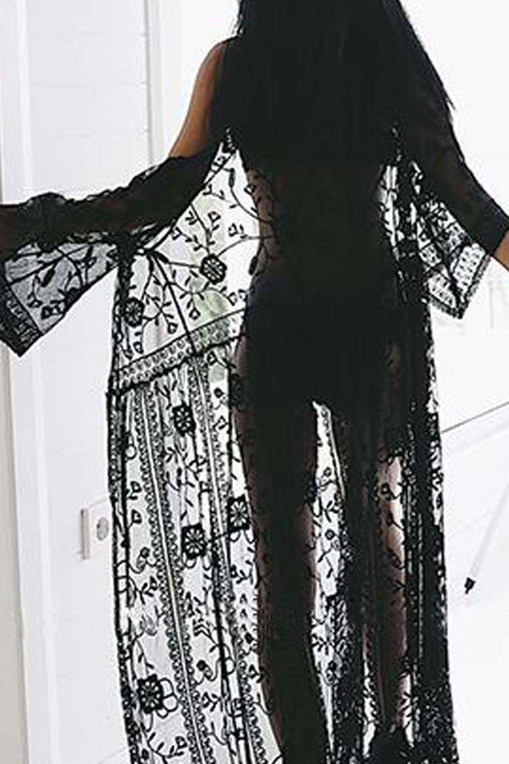 Women Solid Colored Front Open Style Hollow Lace Beach Cover-Up