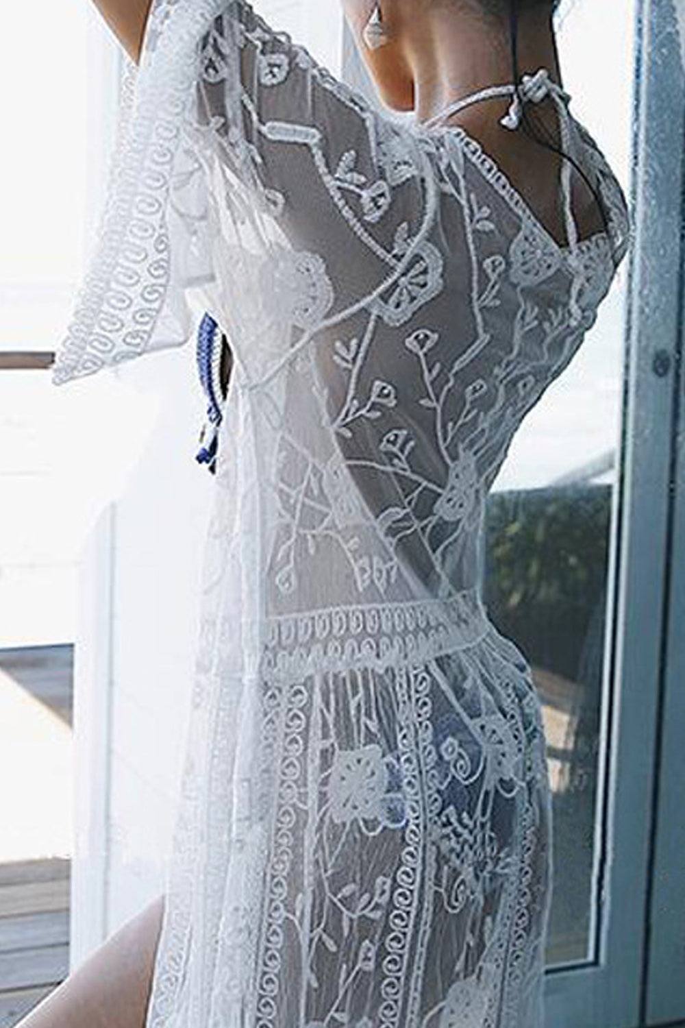 Women Solid Colored Front Open Style Hollow Lace Beach Cover-Up