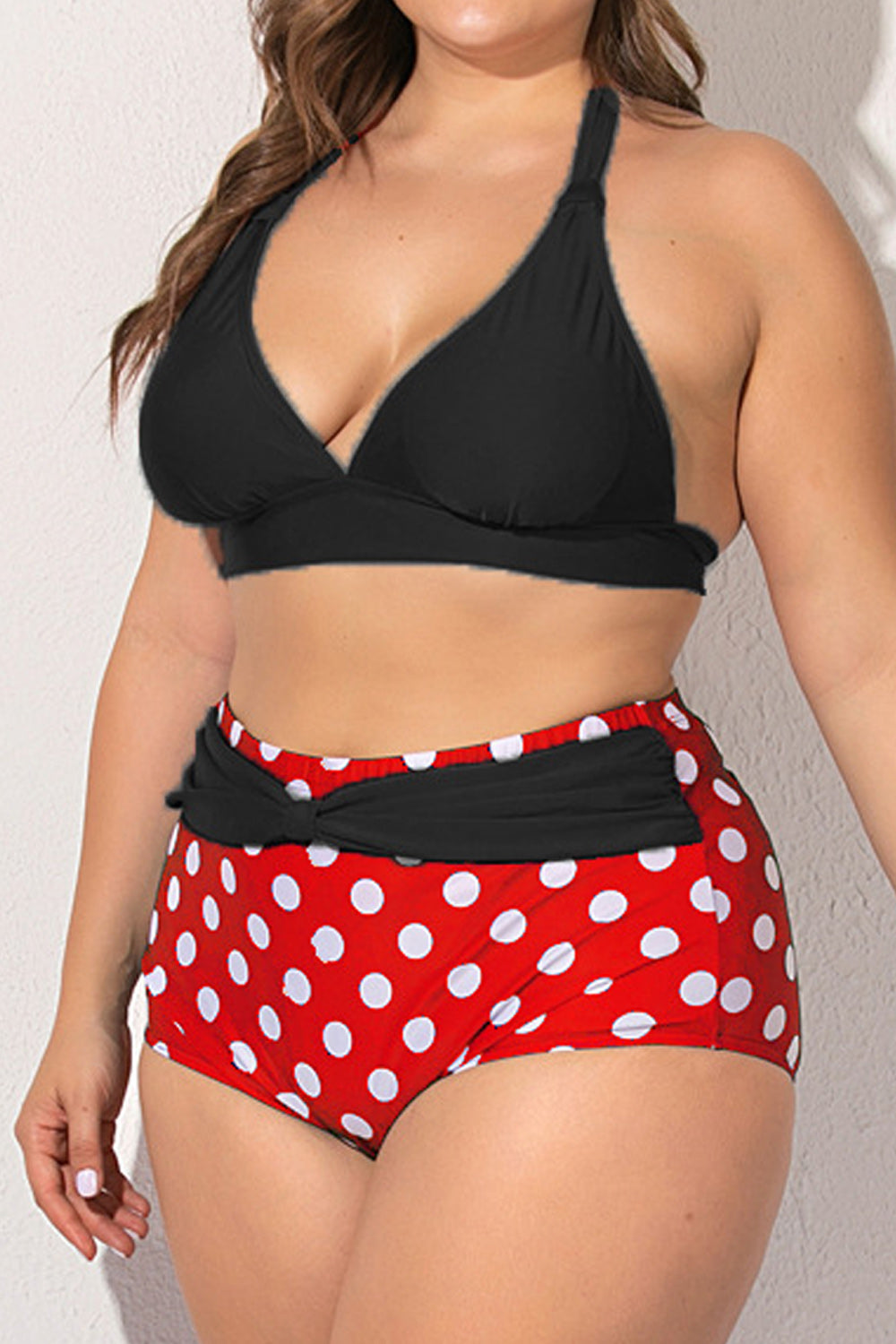 Women Deep V-Neck Polka Dotted Bottom Two Piece High Waist ZBSWimwear