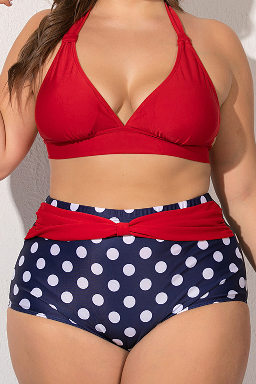 Women Deep V-Neck Polka Dotted Bottom Two Piece High Waist ZBSWimwear