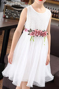 Kids Girls Easy Round Neck Flower Decorated Sleeveless Solid Pattern Dress