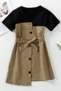 Kids Girls Short Sleeve Button Closure Solid Pattern Dress