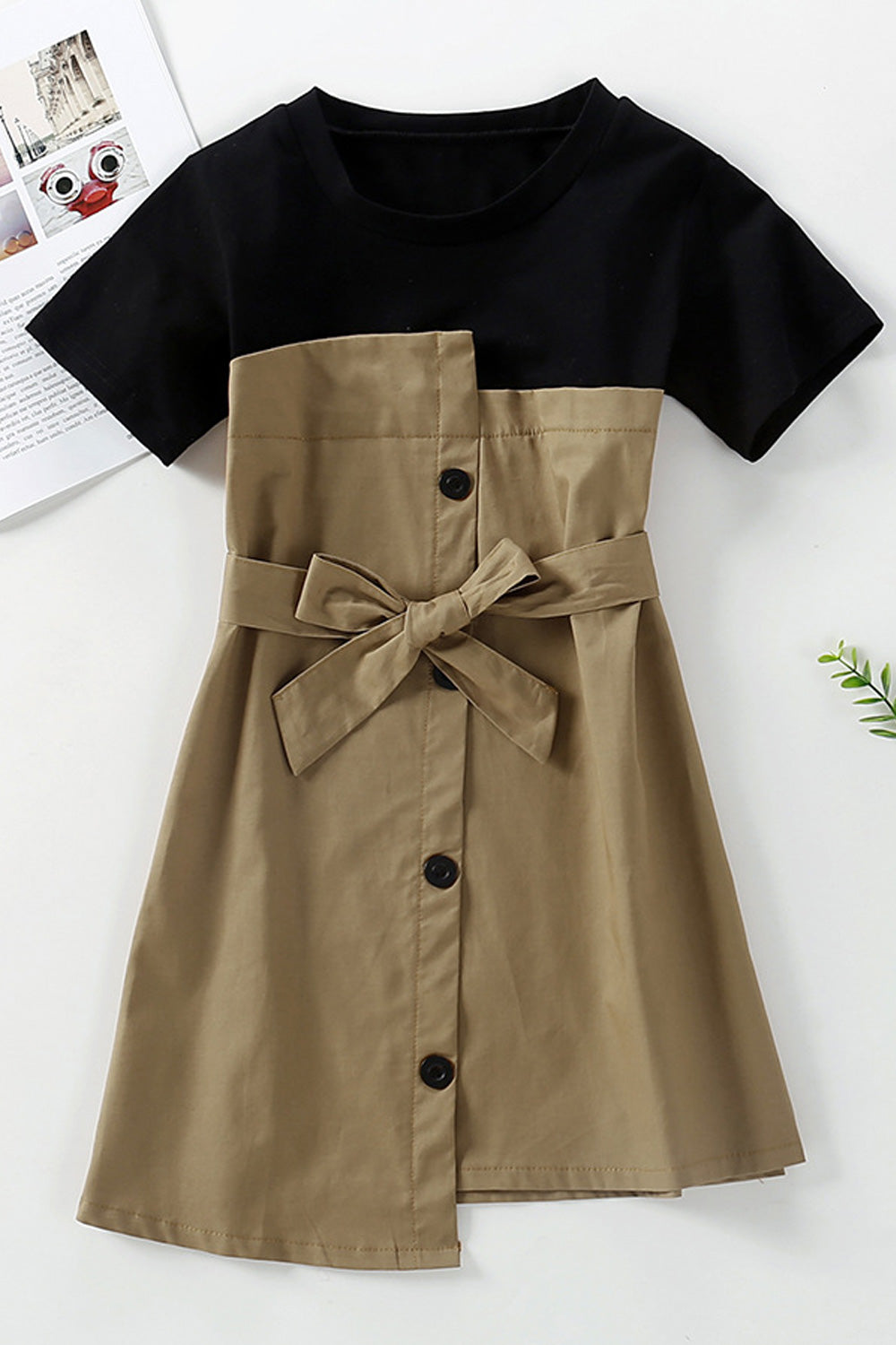 Kids Girls Short Sleeve Button Closure Solid Pattern Dress