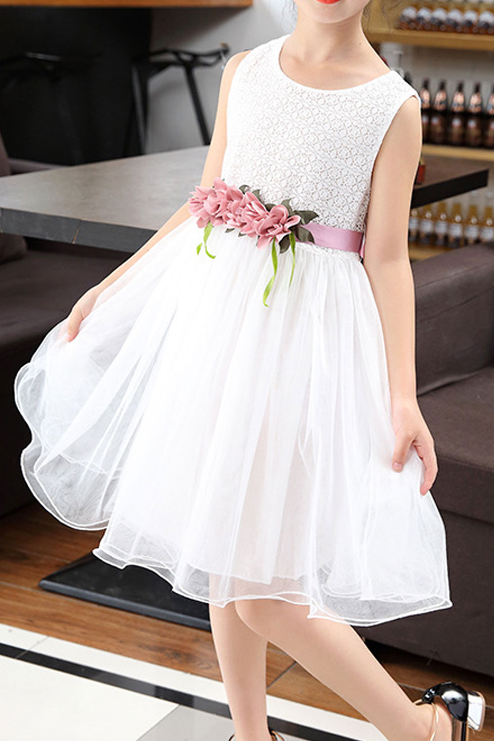Kids Girls Thin Skirt Mesh Solid Colored Flower Decorated Comfy Dress