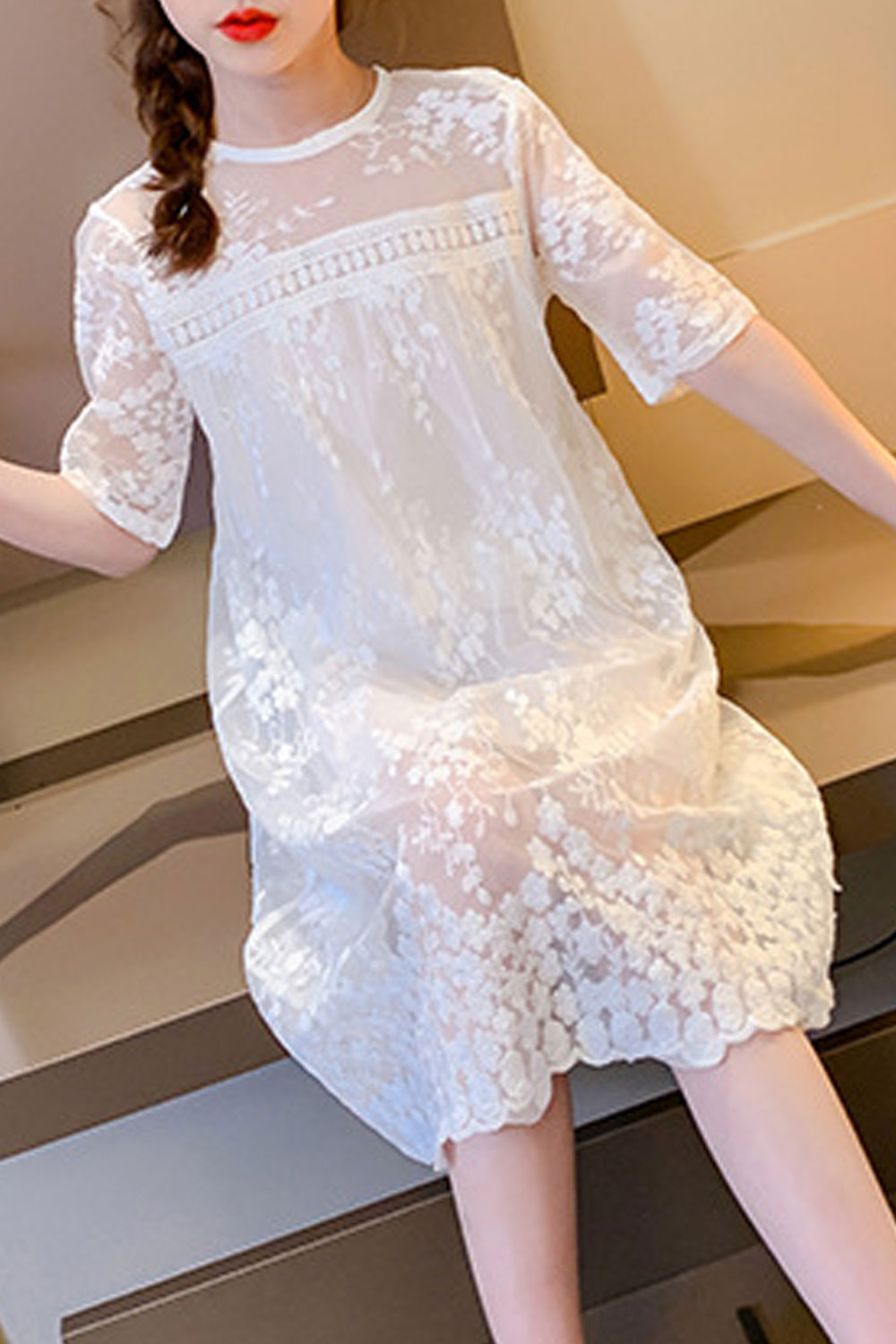 Kids Girls Magnificent Lace Decorated Short Sleeve Trendy Casual Perfect Summer Dress