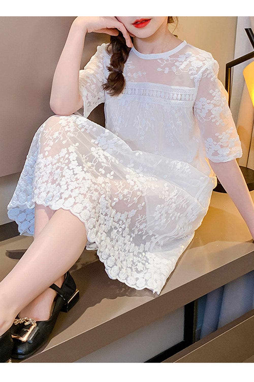Kids Girls Magnificent Lace Decorated Short Sleeve Trendy Casual Perfect Summer Dress