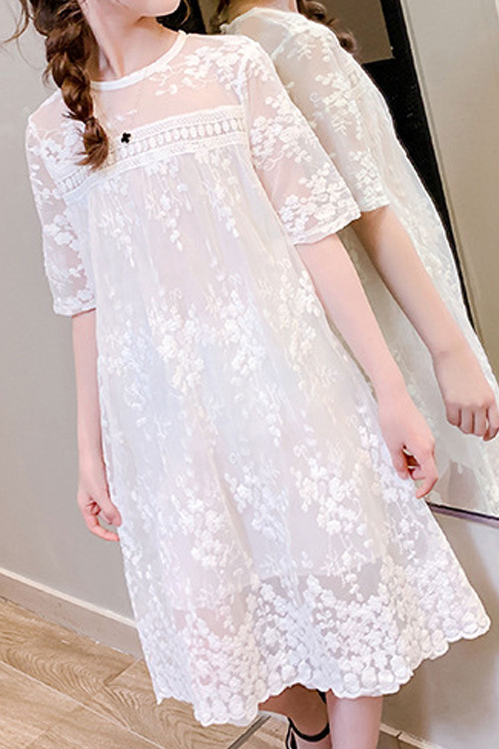 Kids Girls Magnificent Lace Decorated Short Sleeve Trendy Casual Perfect Summer Dress