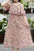 Kids Girls Summer Lightweight Long Length Printed Pattern Cold Shoulder Chiffon Dress