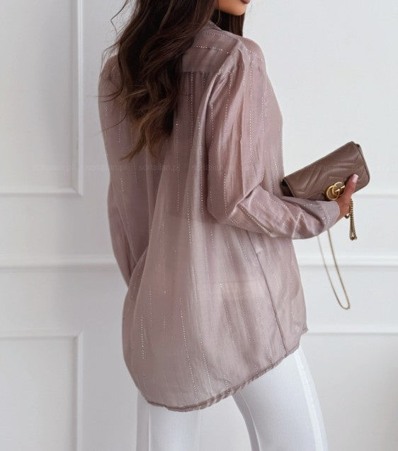 Women's Spring & Autumn Solid Color Diamond Pattern Long-Sleeved Shirt