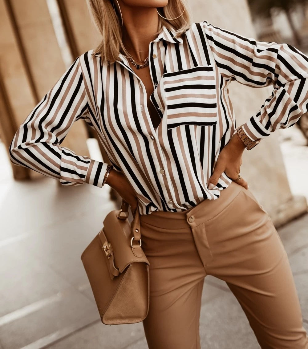 Women's Autumn Versatile Striped V-Neck Long Sleeve Shirt