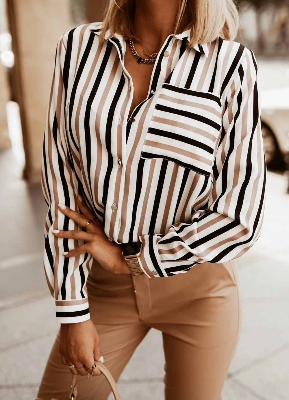 Women's Autumn Versatile Striped V-Neck Long Sleeve Shirt