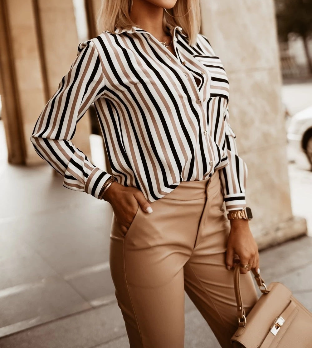 Women's Autumn Versatile Striped V-Neck Long Sleeve Shirt