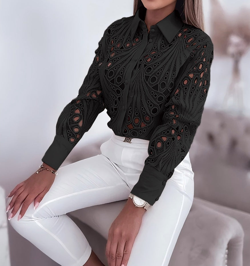 Women's Spring & Autumn Lace Hollow Long Sleeve Shirt - Elegant Commuter Style