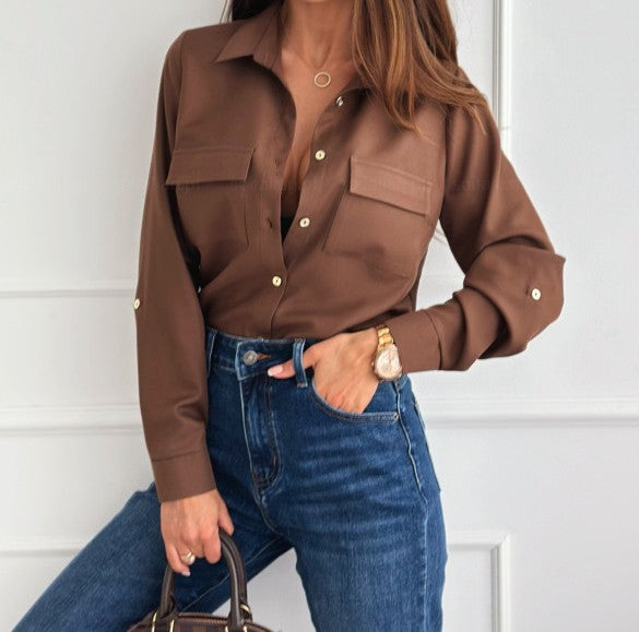 Women's Autumn Fashion Solid Color Button-Up Long Sleeve Shirt