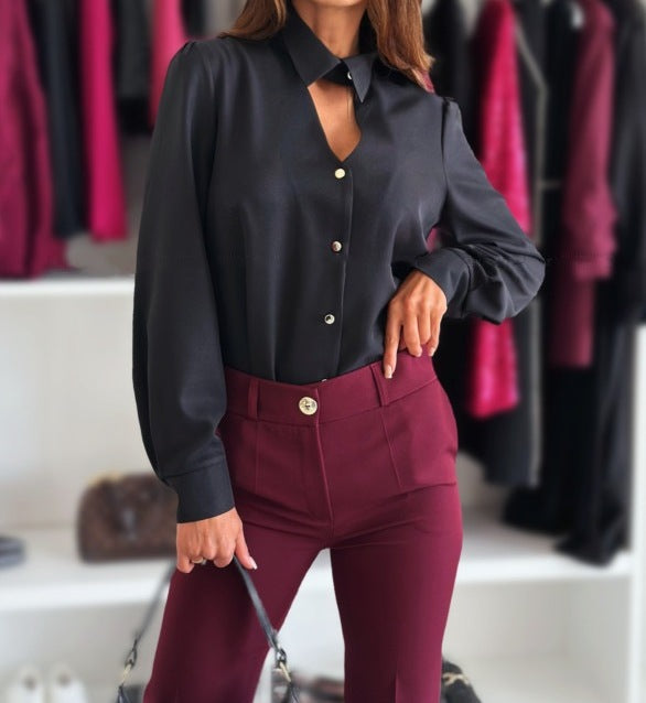 Women's Autumn Elegant Hollow-Out Lapel Long Sleeve Shirt Top