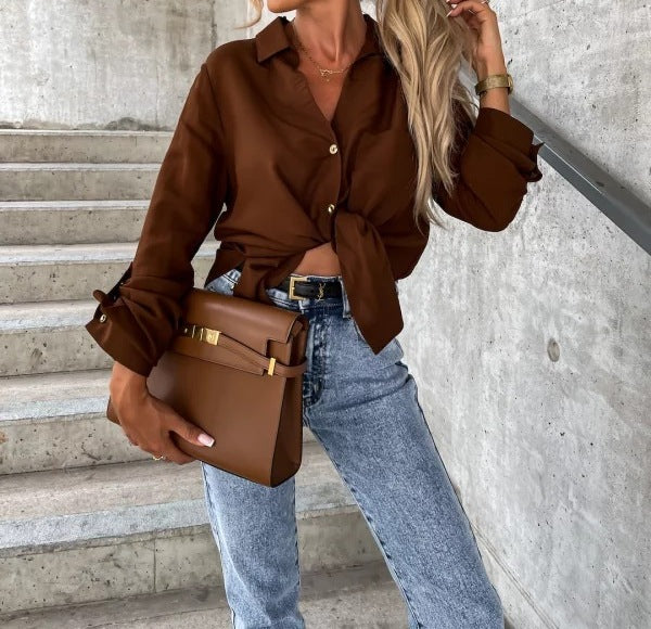 Women's Autumn Solid Color V-Neck Button Lapel Shirt