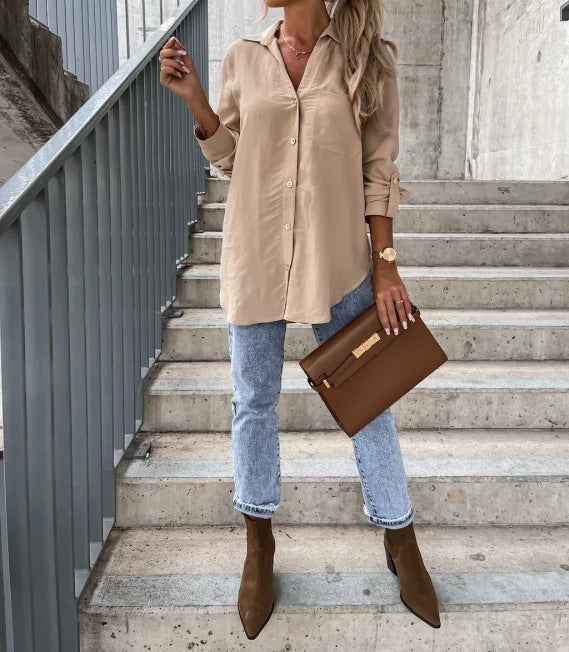 Women's Autumn Solid Color V-Neck Button Lapel Shirt