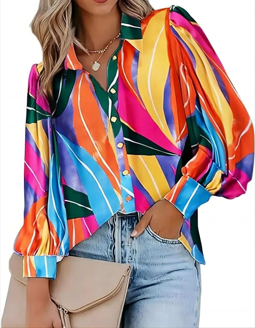Women's Autumn Fashion Casual V-Neck Button Print Long-Sleeved Shirt