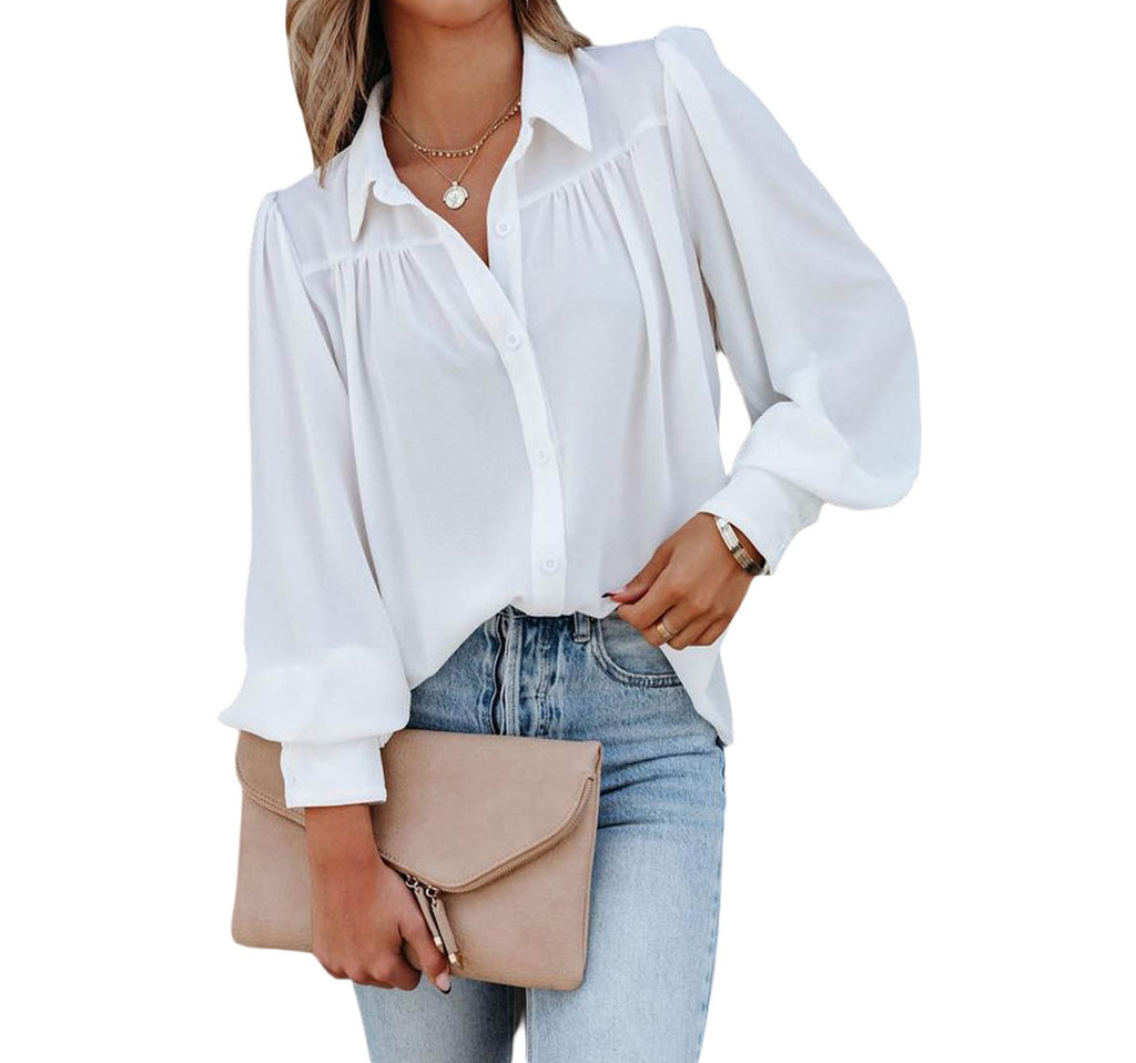 WOMEN long-sleeved button-down top lantern sleeve pleated solid color stand-up collar loose shirt women's