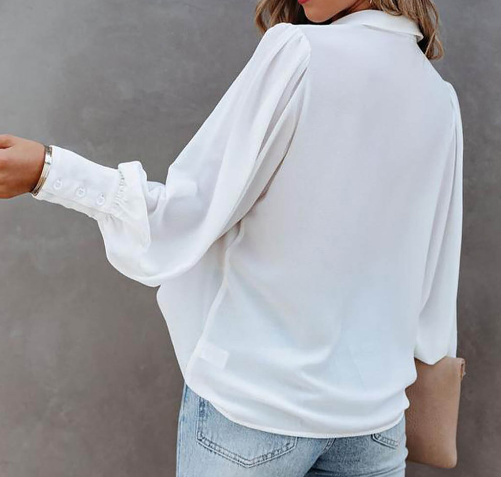 WOMEN long-sleeved button-down top lantern sleeve pleated solid color stand-up collar loose shirt women's