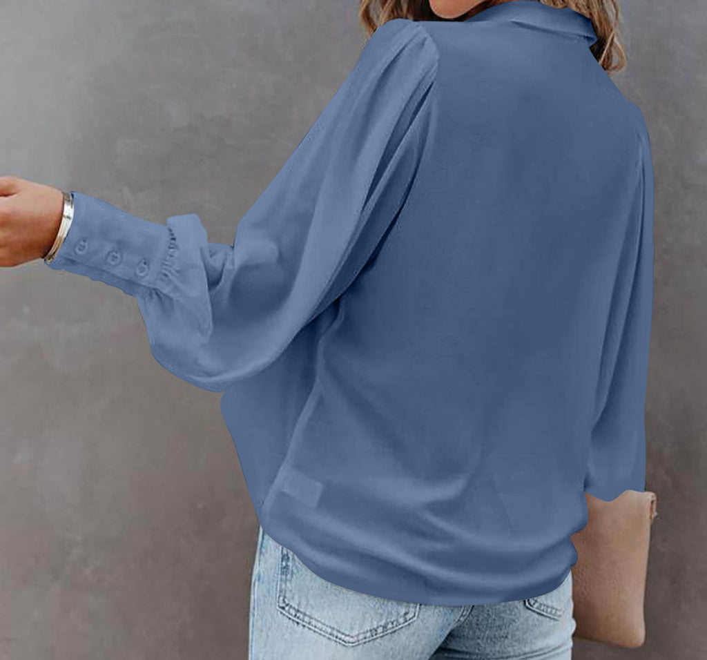 WOMEN long-sleeved button-down top lantern sleeve pleated solid color stand-up collar loose shirt women's