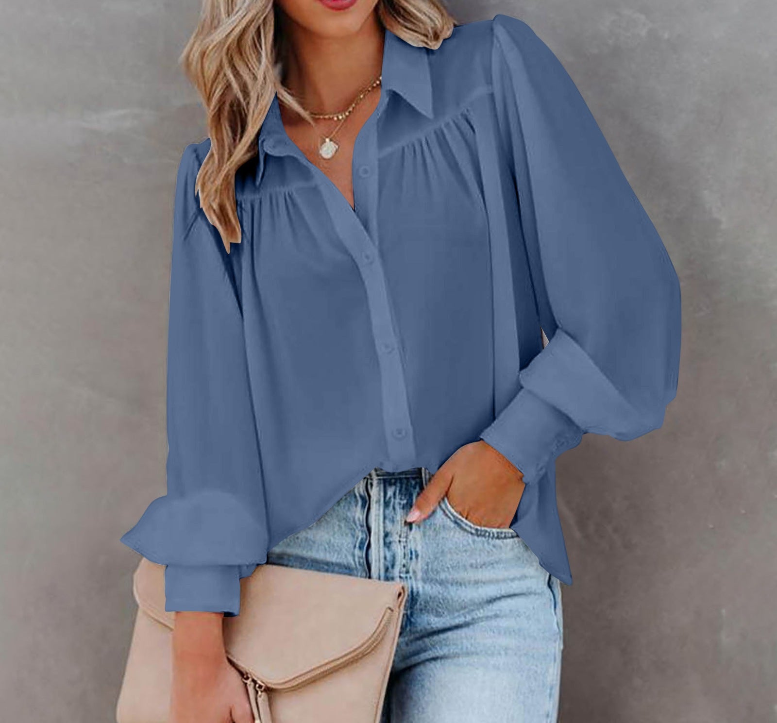 WOMEN long-sleeved button-down top lantern sleeve pleated solid color stand-up collar loose shirt women's